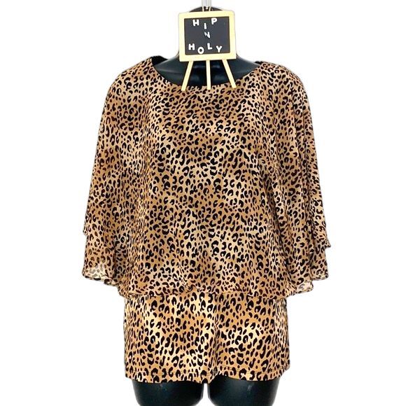 Chaus New York Animal Print Blouson Top Tan Black Size Small - Picture 1 of 10
